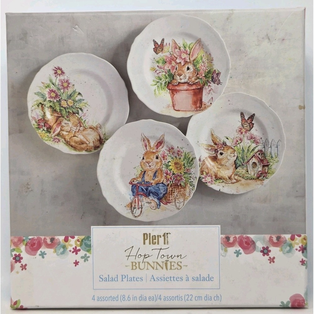 Pier 1 ‎ Easter 8.6" Salad Plates Set of 4 Bunny Rabbit Flower Garden Boxed Set
